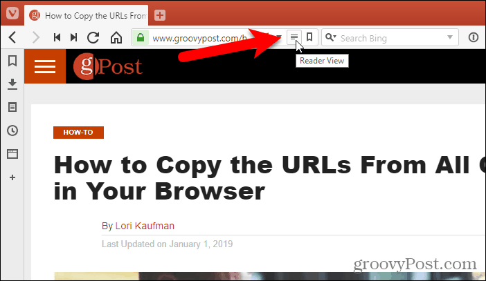 Kliknij opcję Reader View na pasku adresu w Vivaldi