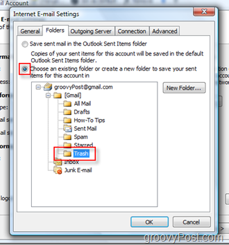 Skonfiguruj folder SEND Mail dla konta iMAP w programie Outlook 2007:: Wybierz folder Kosz