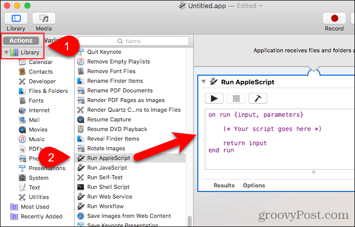 Przeciągnij Uruchom AppleScript do panelu przepływu pracy w Automatorze