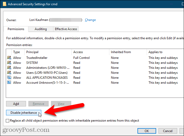 Kliknij opcję Wyłącz dziedziczenie w oknie dialogowym Zaawansowane ustawienia zabezpieczeń w rejestrze systemu Windows