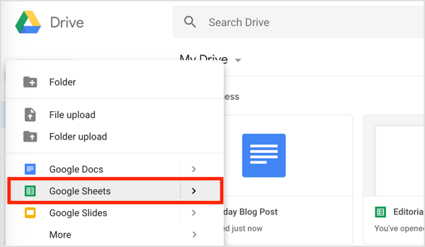 Kliknij przycisk Nowy po lewej stronie i wybierz Arkusze Google z menu rozwijanego.