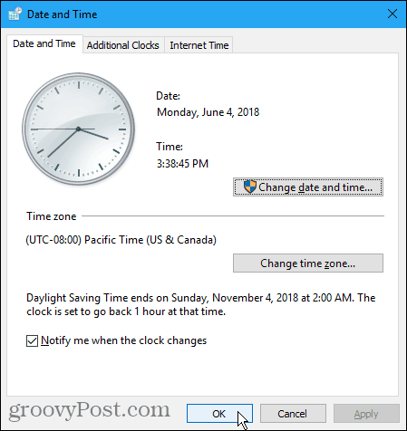 Okno dialogowe Data i godzina w systemie Windows