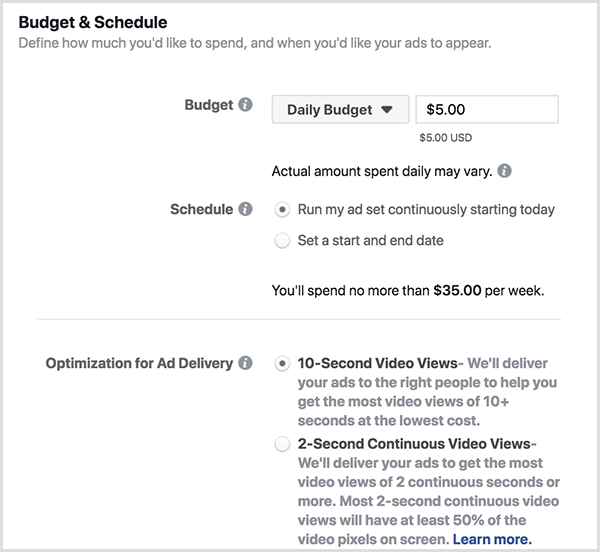 Opcje budżetu i harmonogramu reklam na Facebooku obejmują budżet dzienny i widoki 10-sekundowe.