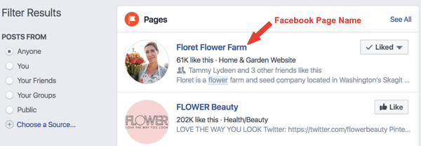Przykład strony na Facebooku o nazwie Floret Flower Farm w wynikach wyszukiwania.