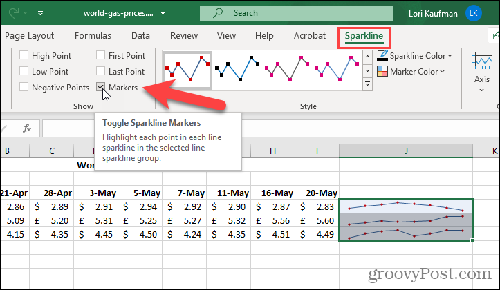 Pokaż znaczniki na wykresach przebiegu w czasie w programie Excel