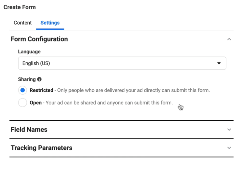 reklamy leadów na Facebooku tworzą nową opcję formularza kontaktowego, aby dostosować ustawienia konfiguracji formularza, który jest ustawiony na angielski, i udostępnianie, które jest ograniczone