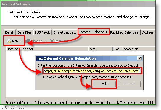 Zrzut ekranu kalendarza programu Outlook 2007 - Dodaj kalendarz internetowy