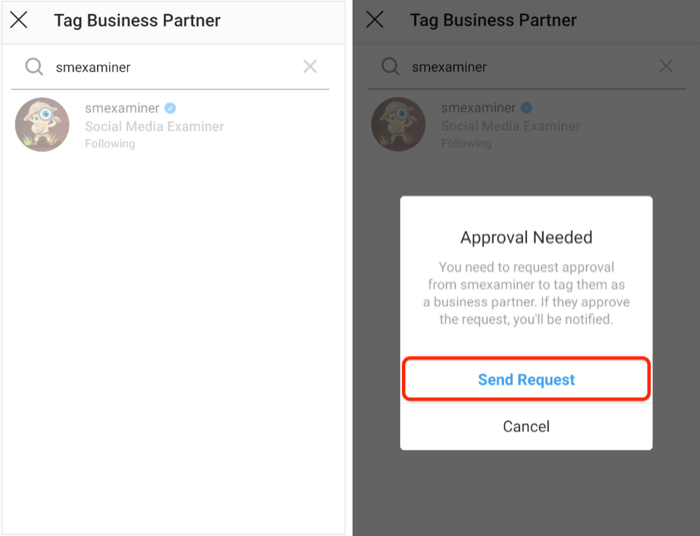 wyślij prośbę o zatwierdzenie do partnera biznesowego na Instagramie