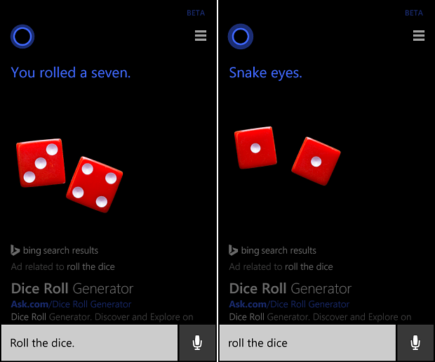 Rzuć monetą lub Rzuć kostką za pomocą Cortany na Windows Phone 8.1