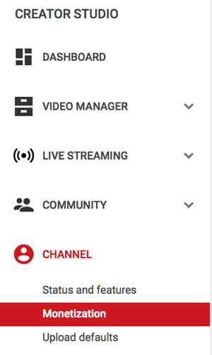 opcja menu monetyzacji pod kanałem na youtube