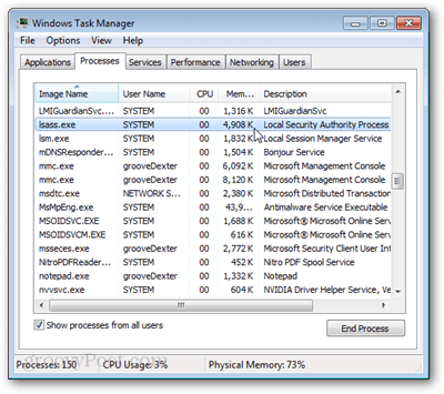 lsass.exe w systemie Windows 7 menedżera zadań