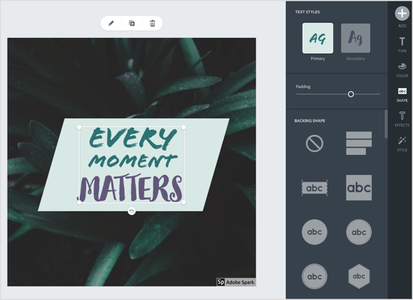 Kliknij kartę Kształt w Adobe Spark i wybierz dowolny kształt, którego chcesz użyć w tekście. 