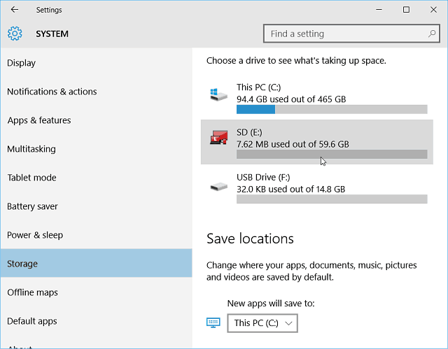 Ustawienia Przechowywanie Windows 10