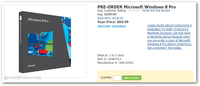 Kup system Windows 8 Pro za 40 USD od Amazon (DVD-ROM, 69,99 USD plus 30 USD doładowania Amazon)