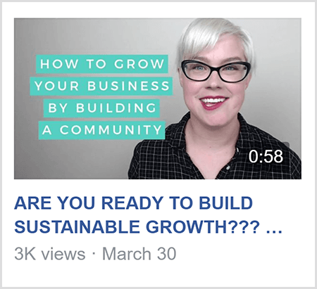Aby uczyć w grupie na Facebooku, Caitlin Bacher udostępnia wideo, takie jak ten, z tekstem How To Grow Twoja firma, budując społeczność i wizerunek Caitlin od ramion w górę i twarzą do aparat fotograficzny.