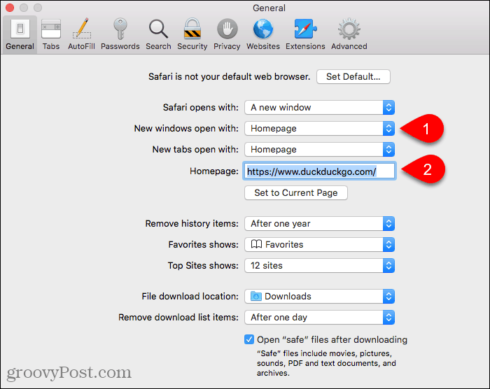 Ustaw stronę główną w przeglądarce Safari na komputerze Mac