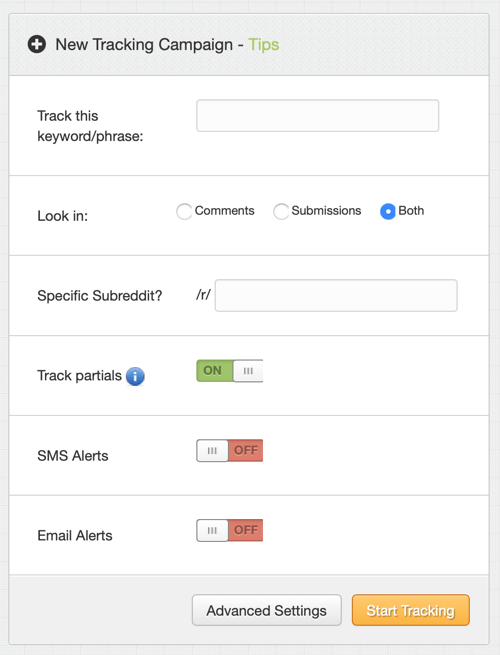 Jak promować swoją firmę na Reddit, stwórz obecność marki na Reddit krok 1, nowa kampania śledząca TrackReddit