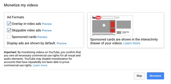 wybierz typy reklam youtube
