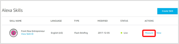 Kliknij łącze Zmierz, aby przejrzeć analizę umiejętności Alexa.