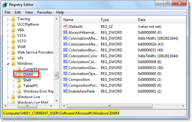 otwórz klucz rejestru dwm w Windows 7