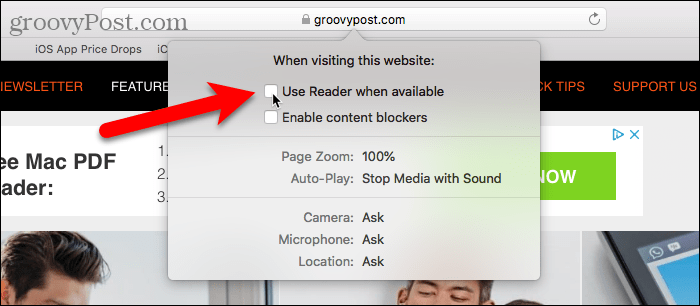 Wyłącz korzystanie z czytnika, gdy jest dostępny w Safari na Maca