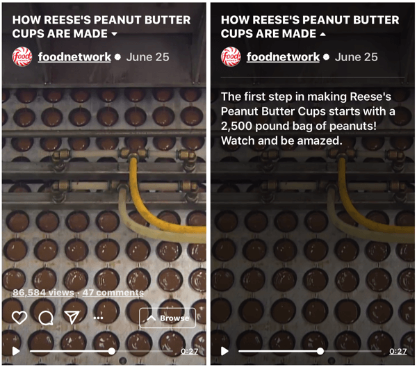 Przykład programu IGTV Food Network pokazującego, jak powstają kubki Reese z masłem orzechowym.