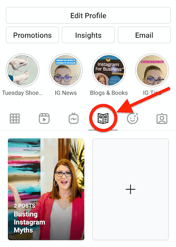 Profil na Instagramie z obecną i podświetloną ikoną przewodnika wyglądającego jak gazeta, pojawiająca się obok ikony IGTV