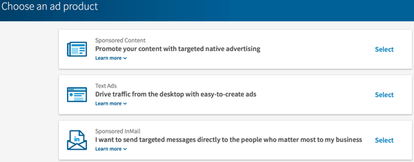 Wybierz typ reklamy na LinkedIn, którą chcesz utworzyć.