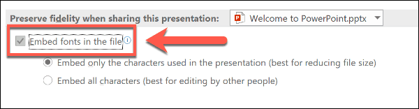 Opcja osadzania czcionek w programie PowerPoint