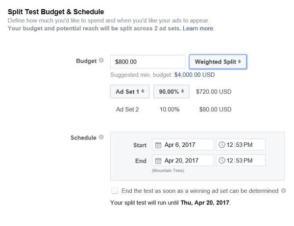 Facebook pozwala kontrolować, ile budżetu przeznaczyć na każdy zestaw reklam.