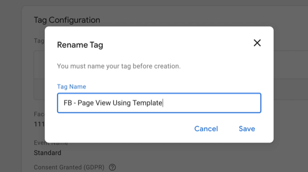 nowy menedżer tagów google nowy tag z opcjami zmiany nazwy tagu z nową nazwą tagu wpisaną jako „fb - widok strony przy użyciu szablonu”