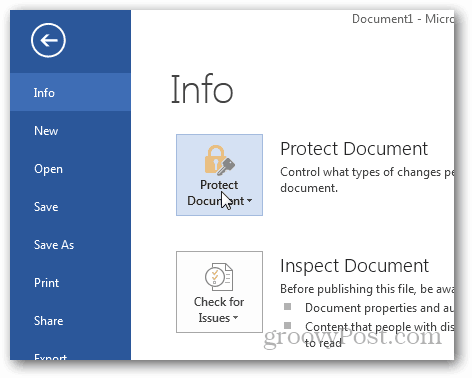 Ochrona hasłem i szyfrowanie dokumentów pakietu Office 2013: kliknij opcję Zabezpiecz dokument