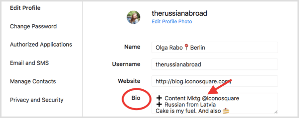 Pole Bio w sekcji Edytuj profil dla profilu na Instagramie