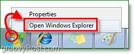 aby wejść do Eksploratora Windows 7, kliknij prawym przyciskiem myszy kulę początkową i kliknij Eksplorator Windows