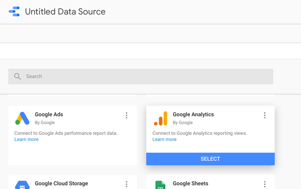 Użyj Google Data Studio do analizy swoich reklam na Facebooku, krok 2, opcja korzystania z Google Analytics jako źródła danych