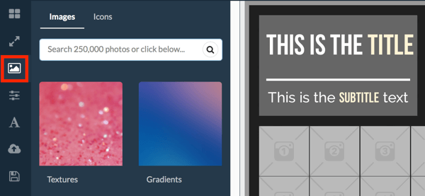 Kliknij ikonę obrazu w menu po lewej stronie, aby znaleźć zdjęcia stockowe w RelayThat.