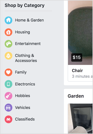 Facebook Marketplace umożliwia zakupy według kategorii.