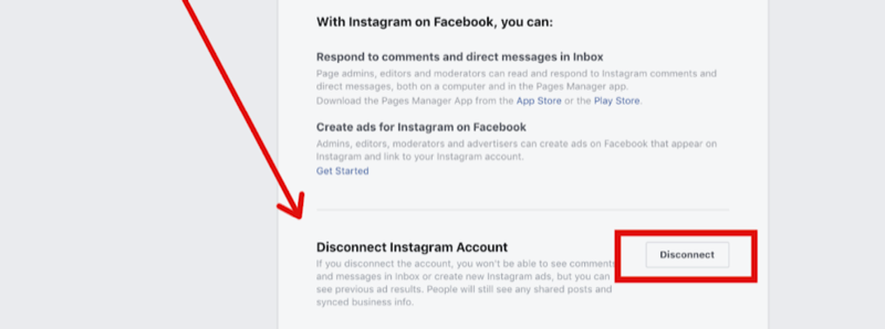 krok 2 do odłączenia konta na Instagramie w ustawieniach strony na Facebooku