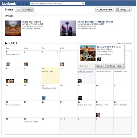 widok kalendarza wydarzeń na Facebooku