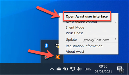 Otwieranie menu użytkownika Avast