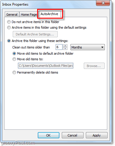 Zakładka folderów autoarchiwizacji programu Outlook 2010