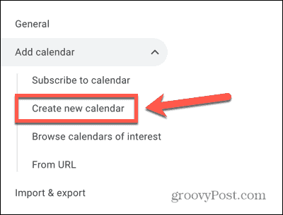 Zrzut ekranu opcji tworzenia nowego kalendarza Kalendarza Google