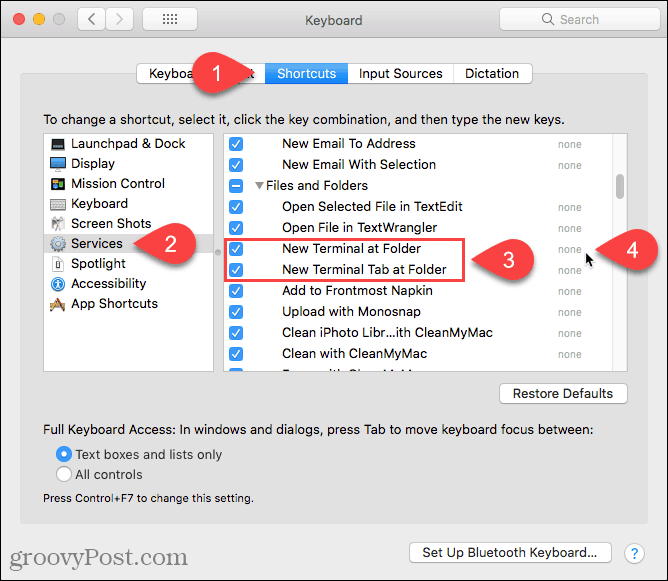 Kliknij opcję Brak, aby dodać skrót do usługi Nowy terminal w folderze na komputerze Mac