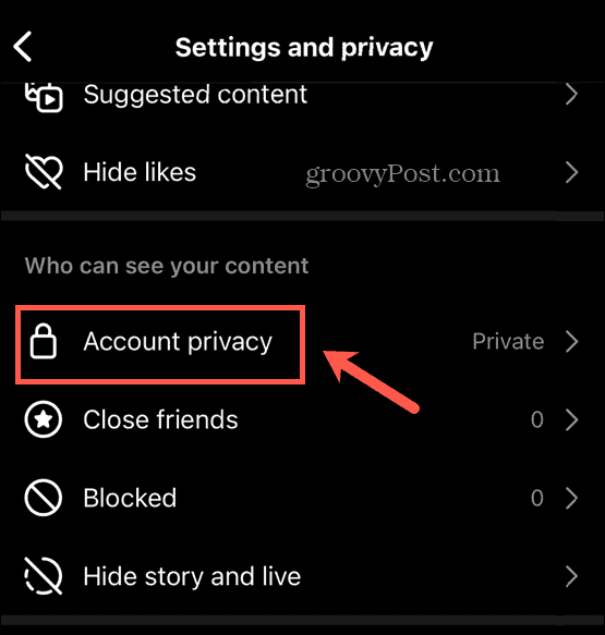 menu prywatności konta na Instagramie