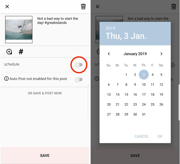 Aby zaplanować swój post przez Planoly, dotknij opcji planowania i wybierz datę i godzinę.