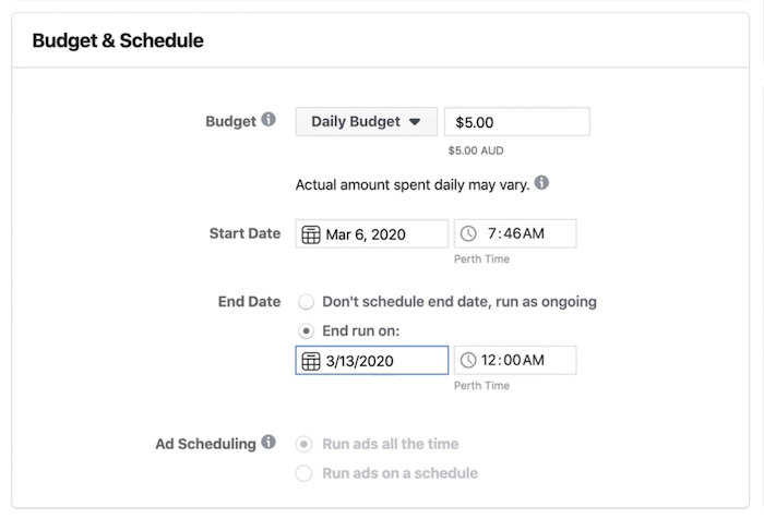 Sekcja Budżet i harmonogram na poziomie Zestaw reklam w Menedżerze reklam na Facebooku