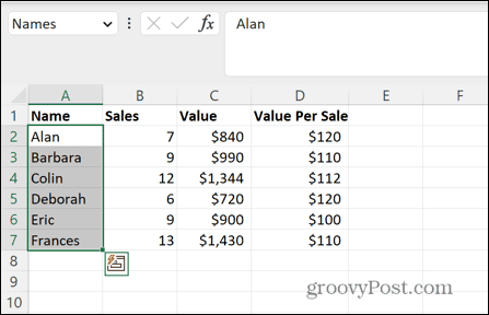 Excel wybrany nazwany zakres