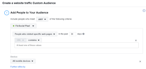 Użyj narzędzia konfiguracji wydarzeń na Facebooku, krok 17, ustawienia, aby utworzyć niestandardową grupę docelową ruchu w witrynie na podstawie urządzenia