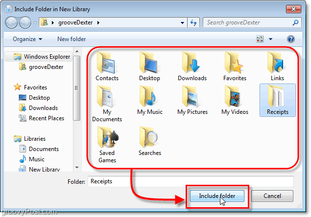 wybierz folder, który chcesz dołączyć do bibliotek systemu Windows 7