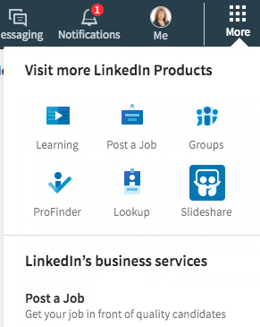 W sekcji Więcej na LinkedIn znajdziesz wiele bezpośrednich linków. Z tego miejsca możesz również utworzyć stronę firmową.